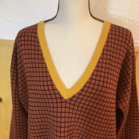 Plan C Knit Rust Geometric Jacquard V-Neck Oversized Pullover Sweater Sz-12/48 - Picture 3 of 7